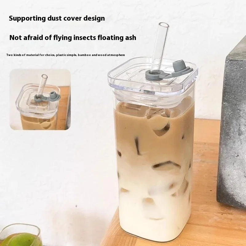 Coffee Mug for Drinkware Glass Water CupSquare Heat Resistant Coffee Glass Cup with Lid Straw Transparent Milk Tea Juice Cups