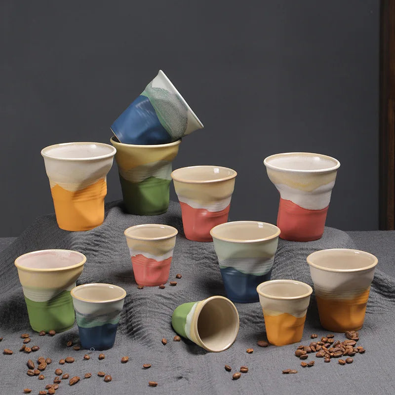 Creative Coarse Ceramic Coffee Cups Retro Irregular Folded Ceramic Mug 3oz 90ml