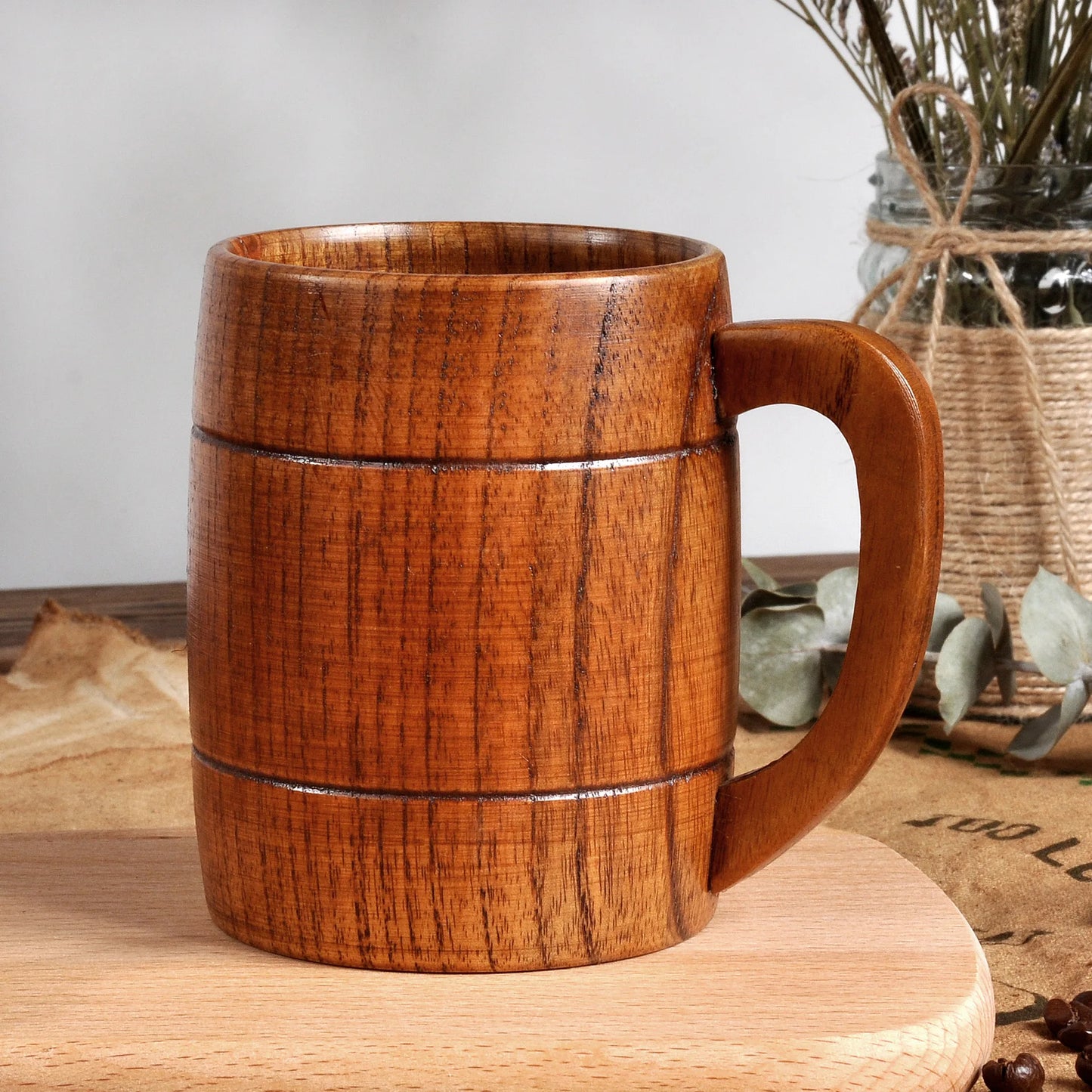 320ml Handcrafted Wooden Coffee Mug Natural Drinkware Cup Vintage Solid Wood Beer Mug with Handle Eco-Friendly Cup