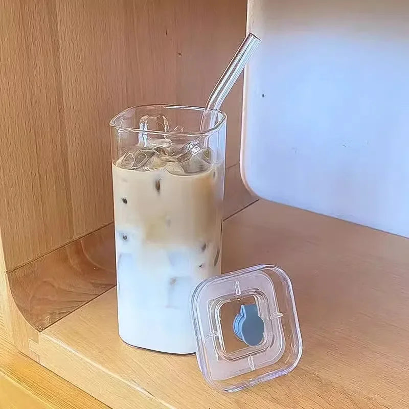 Coffee Mug for Drinkware Glass Water CupSquare Heat Resistant Coffee Glass Cup with Lid Straw Transparent Milk Tea Juice Cups